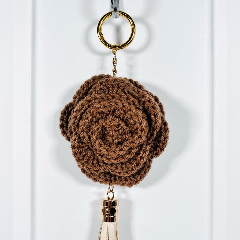 Brown Crochet Flower Bag Charm With Tassel